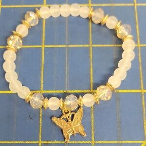 Gold Tone White Cloudy Beaded 7" Bracelet with Butterfly Charm